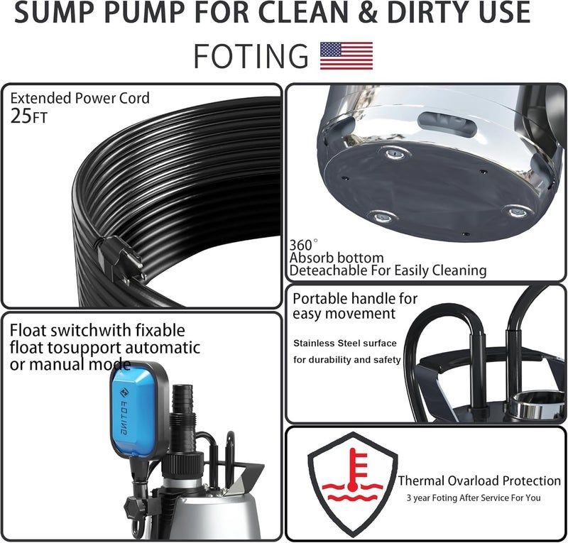FOTING Sump Pump 1HP Clean/Dirty Submersible Water Pump,4600GPH Utility Pump Thermoplastic Electric Portable Transfer Water Pump for Swimming Pool Pond Basement with 10ft Power Cord,Stainless Auto - Image 4